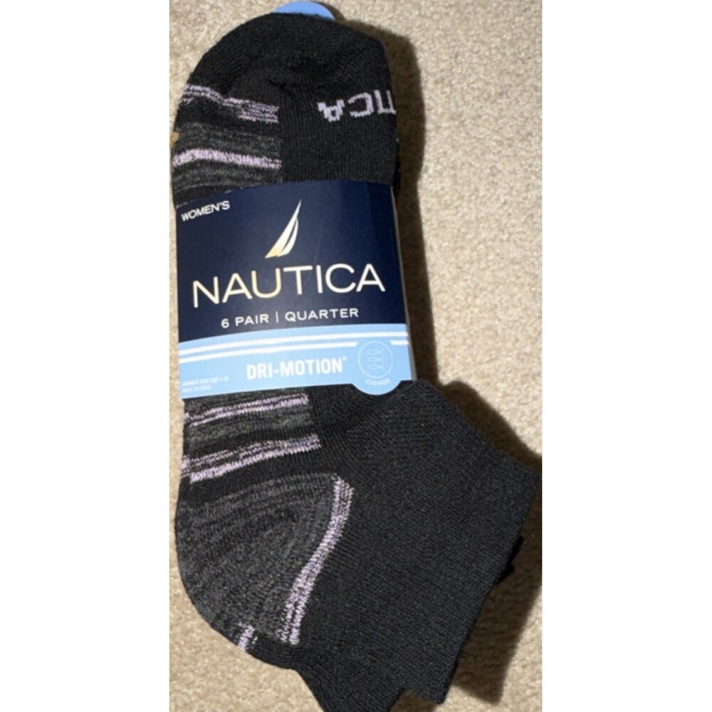 Nautica Women's Quarter Socks 6 Pairs Cushioned Striped Black Gray Purple 4-10